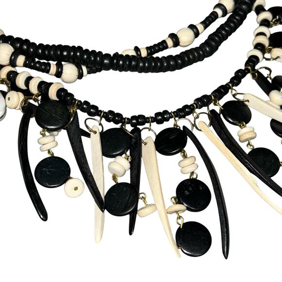 Vintage Tribal Wood Bead Statement Necklace Black White Carved Elephant - Picture 5 of 12
